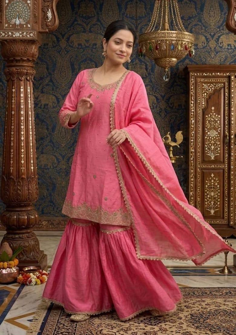 Pink Embroidered Chinon Sharara Set - Indya