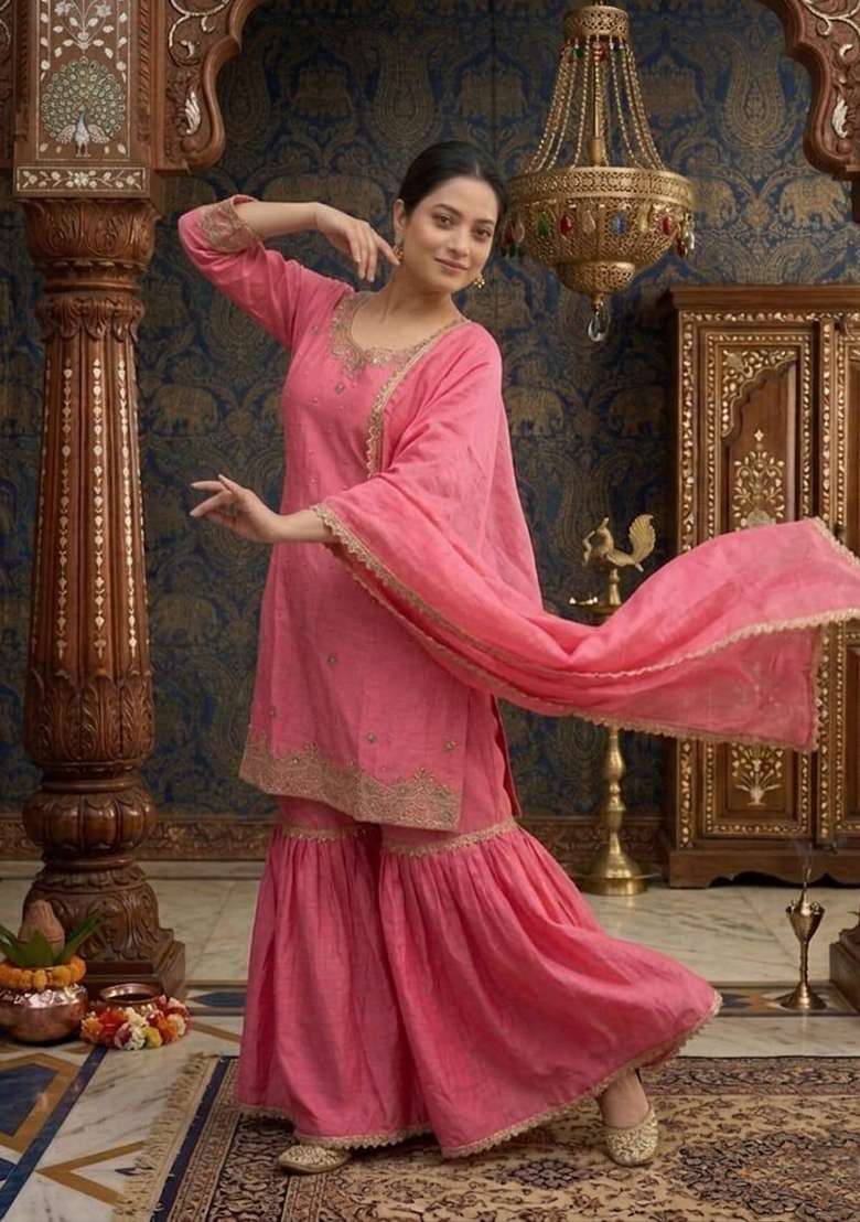 Pink Embroidered Chinon Sharara Set - Indya