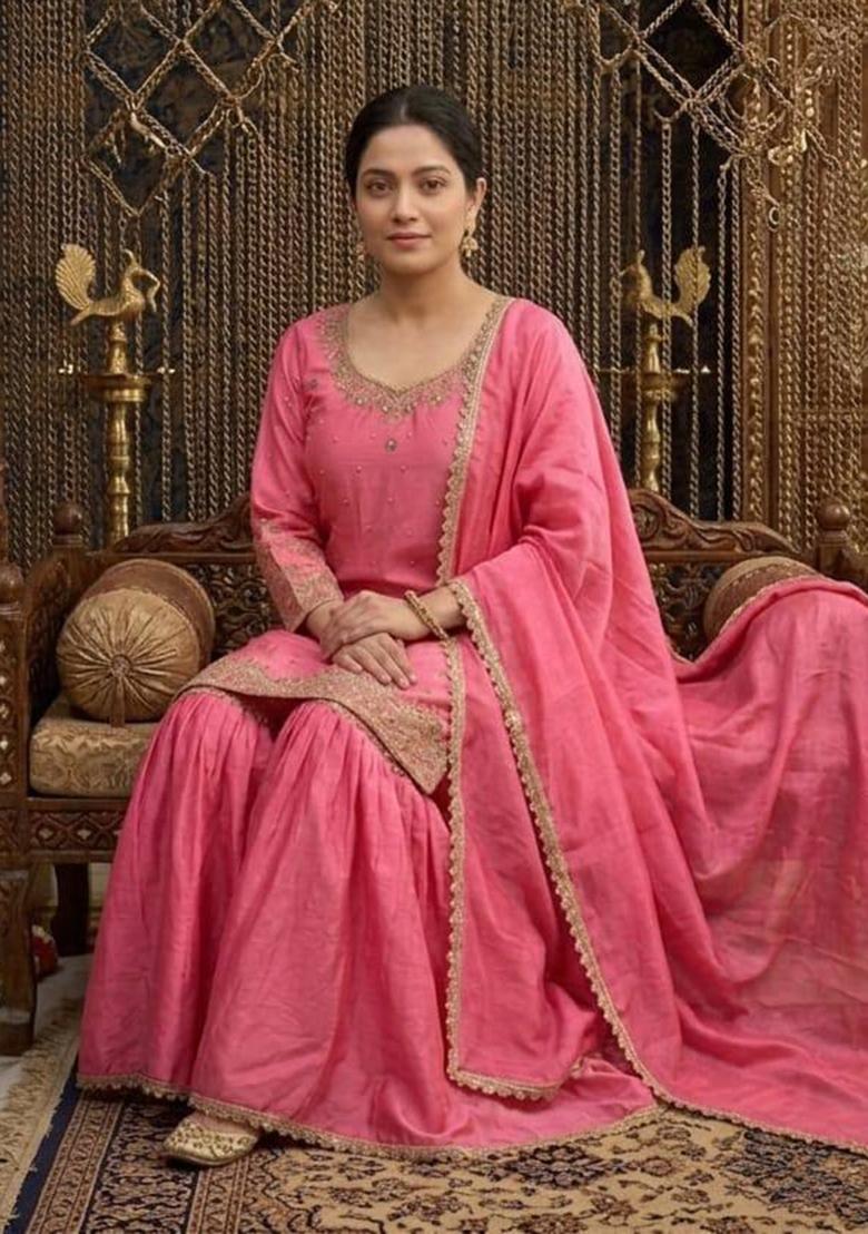 Pink Embroidered Chinon Sharara Set - Indya