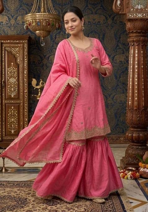 Pink Embroidered Chinon Sharara Set