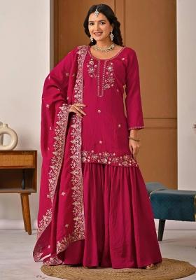Dark Pink Embroidered Vichitra Sharara Set