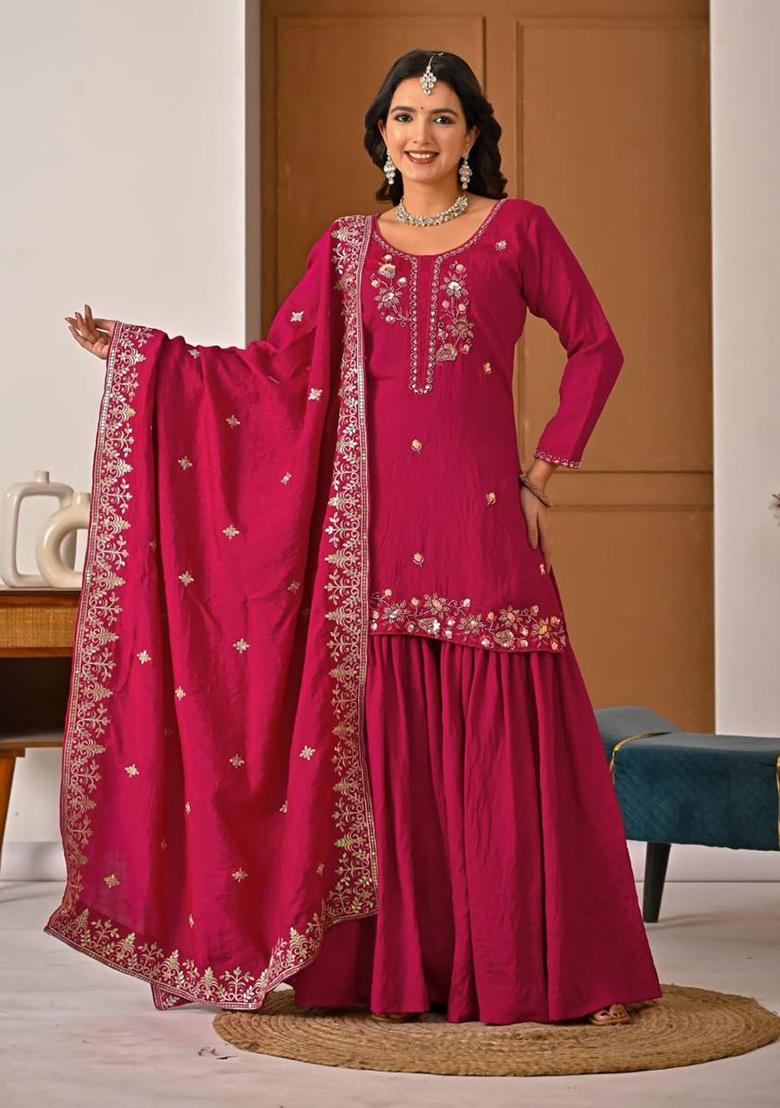 Dark Pink Embroidered Vichitra Sharara Set - Indya