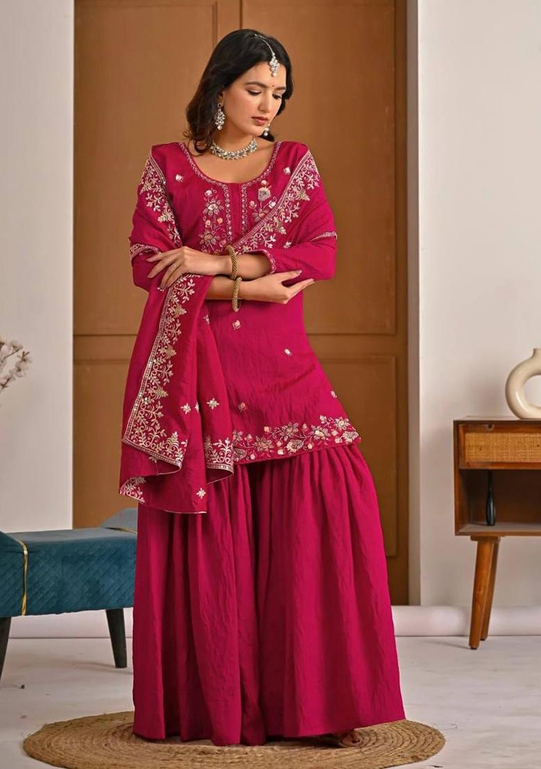 Dark Pink Embroidered Vichitra Sharara Set - Indya