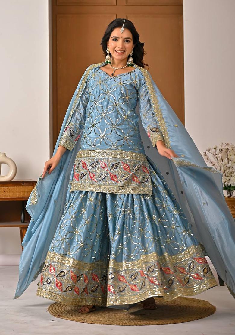 Lite Rama Embroidered Chinon Sharara Set - Indya