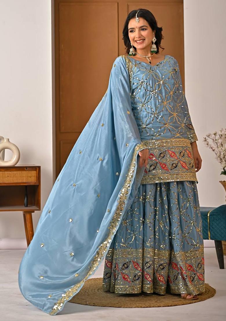 Lite Rama Embroidered Chinon Sharara Set - Indya