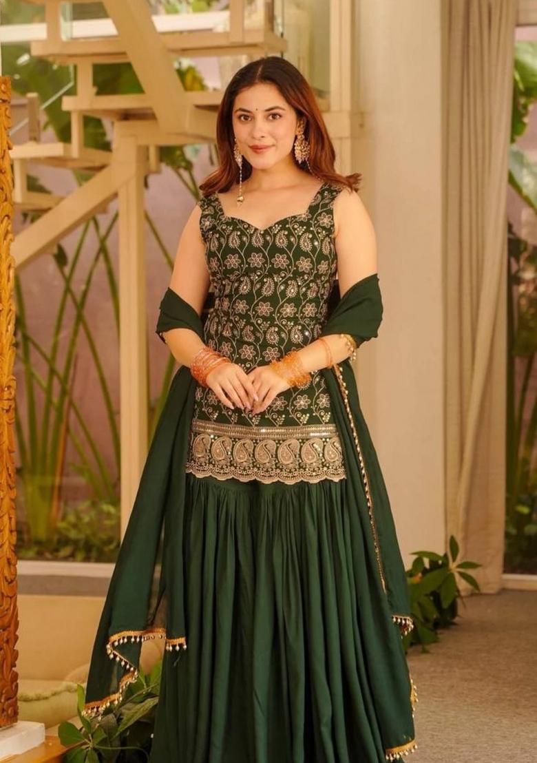 Dark Green Embroidered Georgette Palazzo Set - Indya
