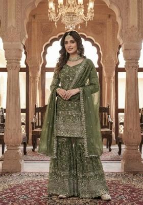 Mehendi Embroidered Silk Sharara Set