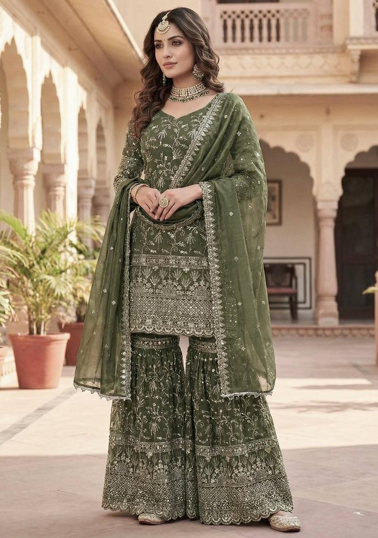 Mehendi Embroidered Silk Sharara Set - Indya