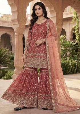 Orange Embroidered Silk Sharara Set
