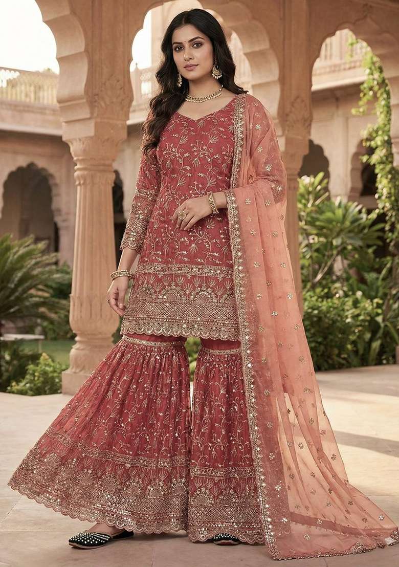 Orange Embroidered Silk Sharara Set - Indya