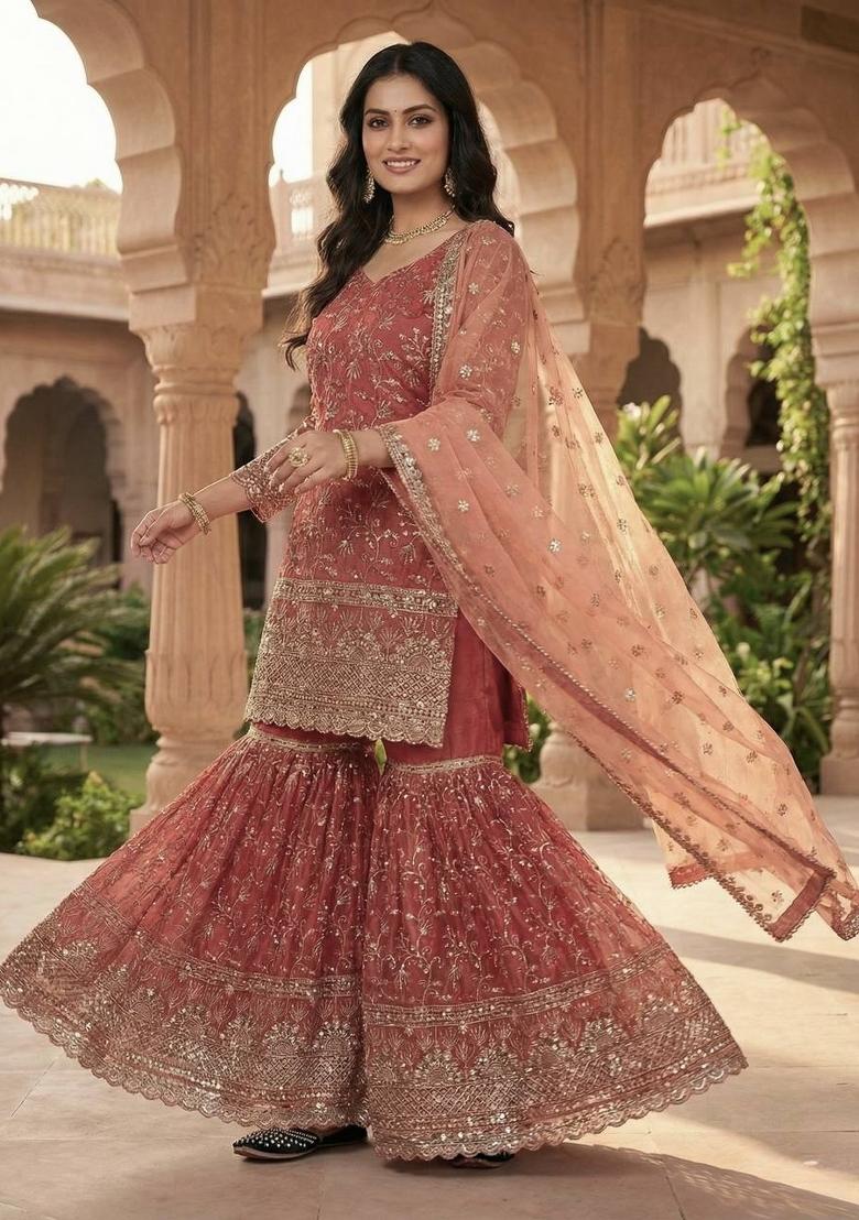 Orange Embroidered Silk Sharara Set - Indya