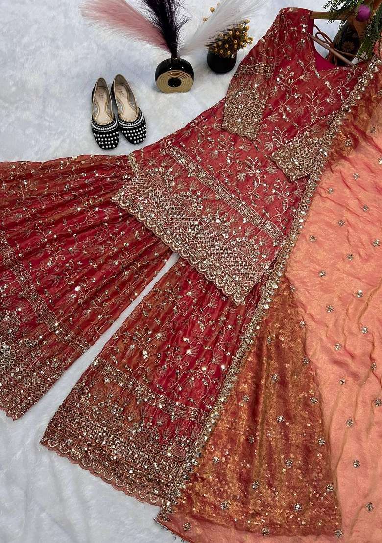 Orange Embroidered Silk Sharara Set - Indya