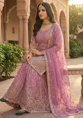 Pink Embroidered Silk Sharara Set
