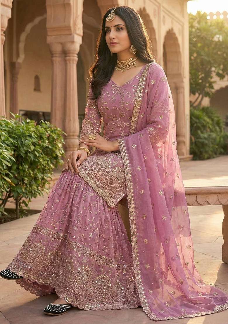 Pink Embroidered Silk Sharara Set - Indya