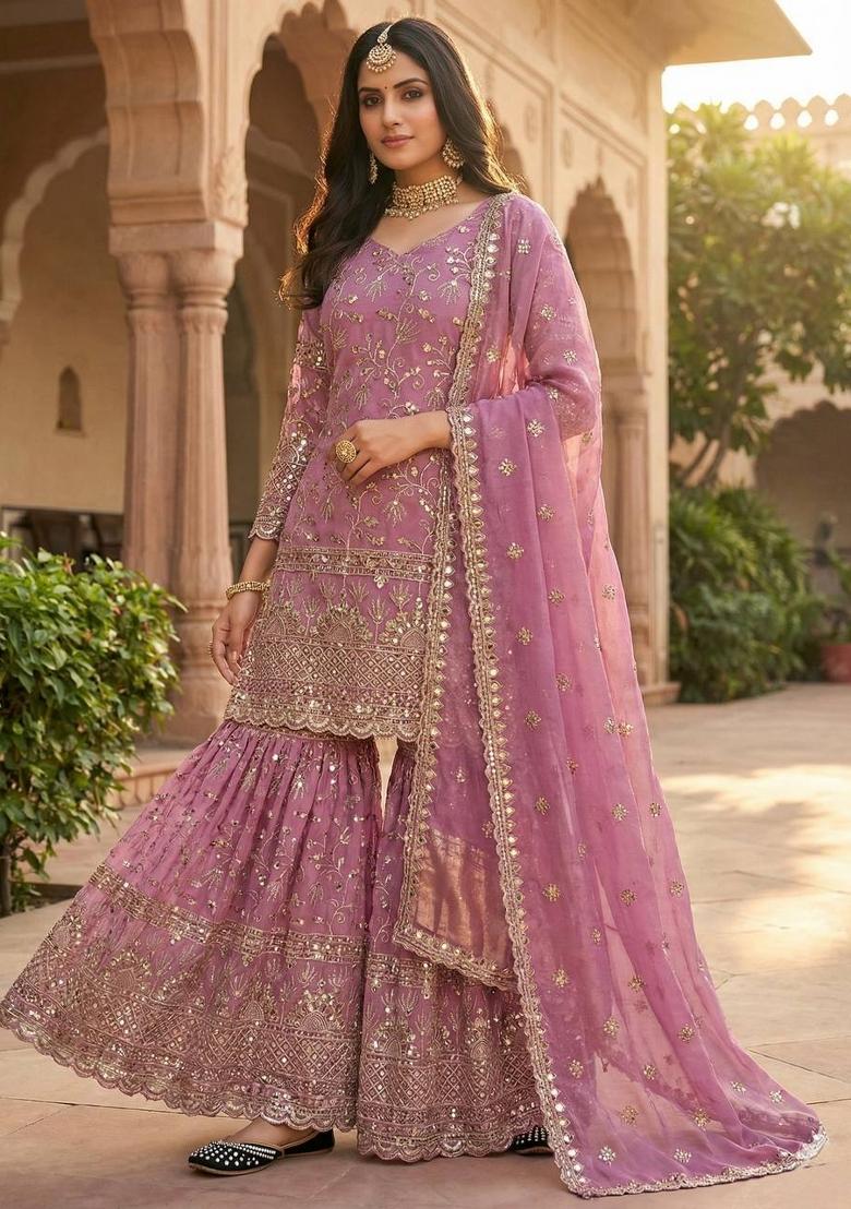 Pink Embroidered Silk Sharara Set - Indya