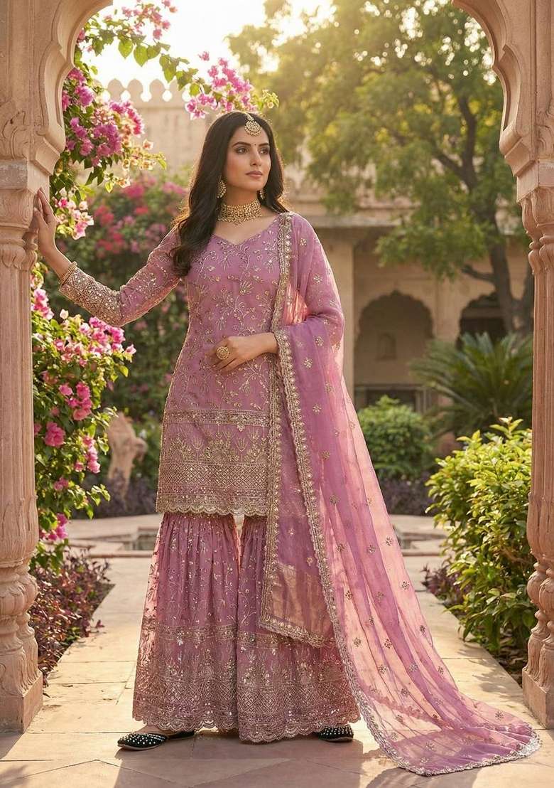 Pink Embroidered Silk Sharara Set - Indya