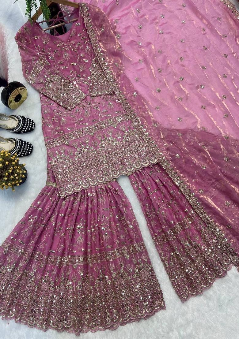 Pink Embroidered Silk Sharara Set - Indya