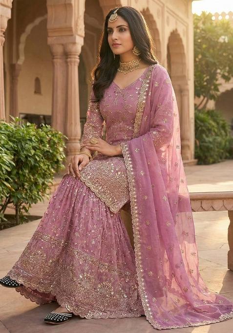 Pink Embroidered Silk Sharara Set