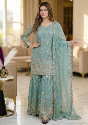 Sky Blue Embroidered Silk Sharara Set