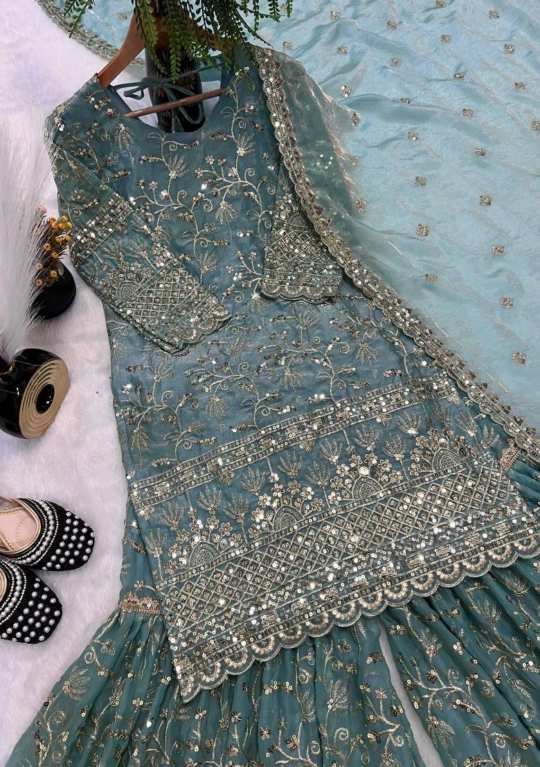 Sky Blue Embroidered Silk Sharara Set - Indya