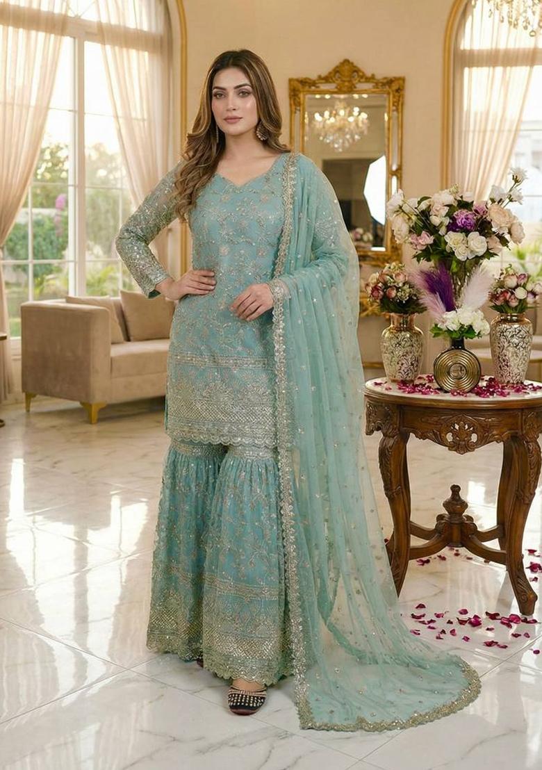 Sky Blue Embroidered Silk Sharara Set - Indya