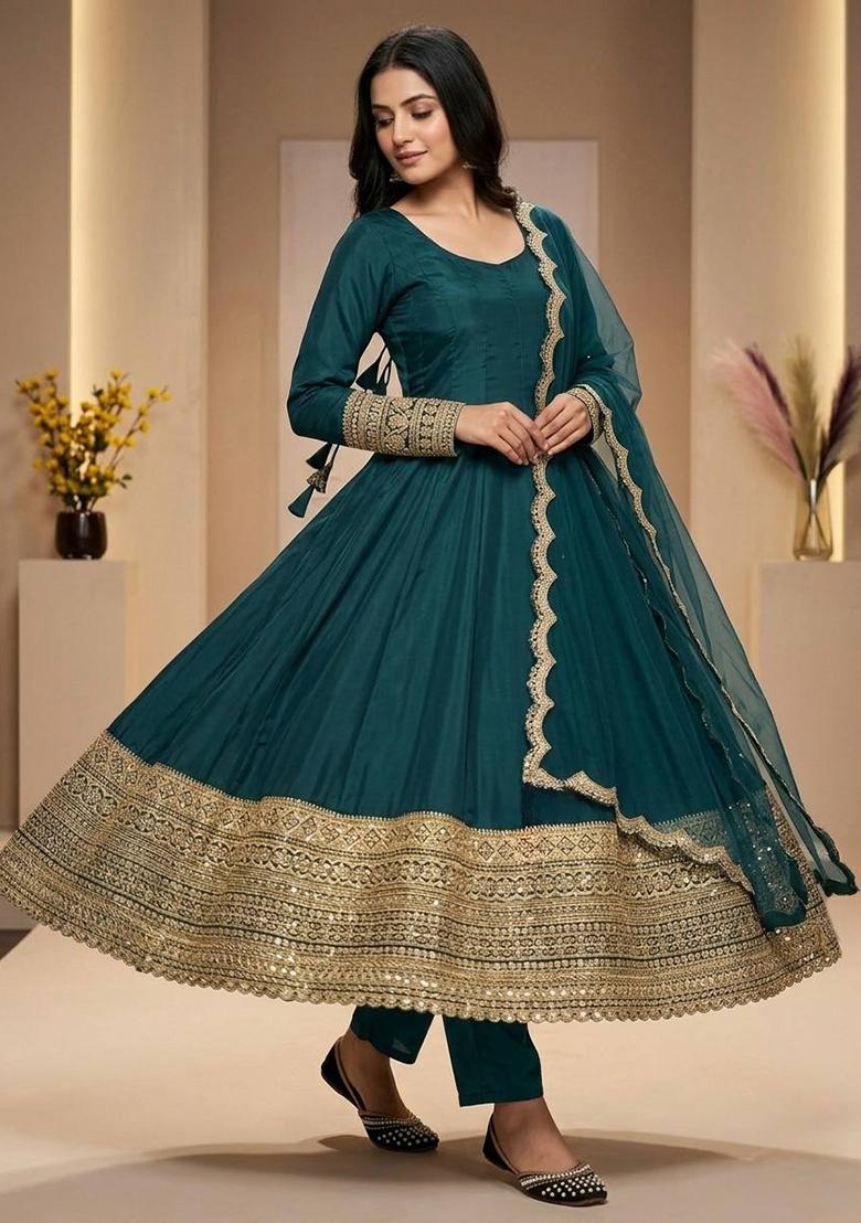 Green Embroidered Crepe Anarkali Set - Indya
