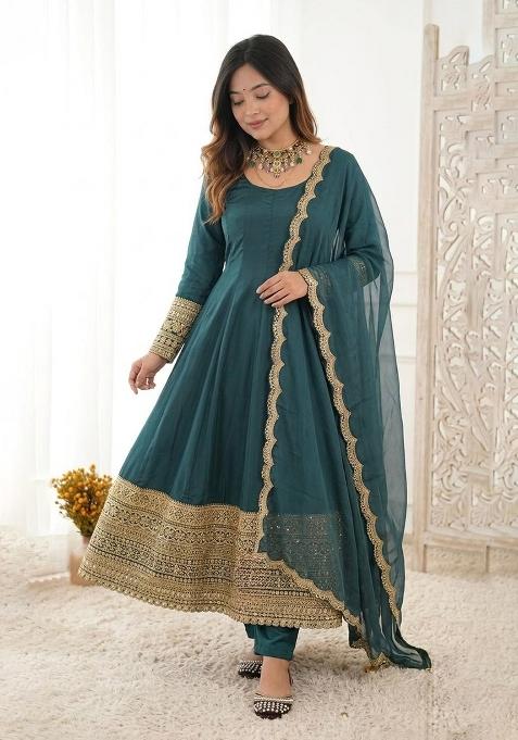 Green Embroidered Crepe Anarkali Set