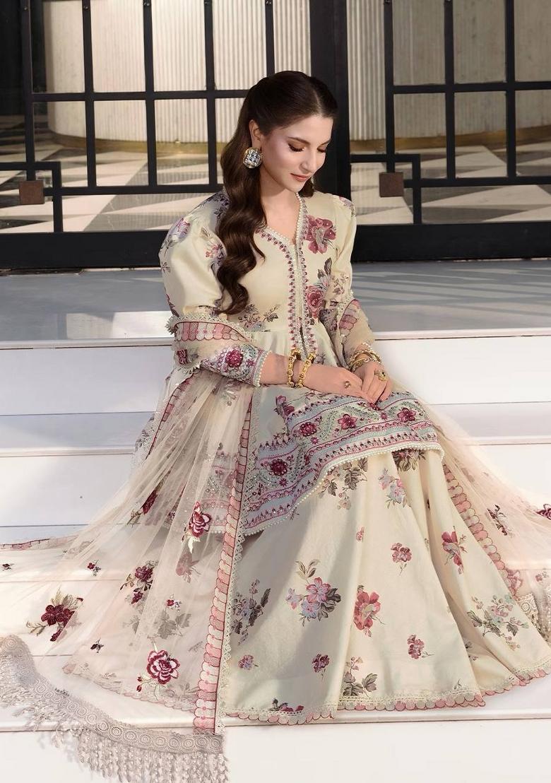 Cream Embroidered Crepe Sharara Set - Indya