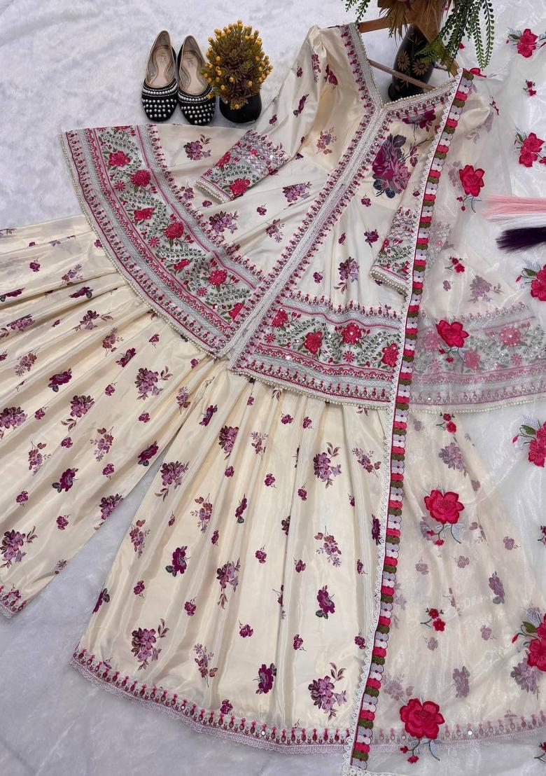 Cream Embroidered Crepe Sharara Set - Indya