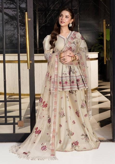 Cream Embroidered Crepe Sharara Set