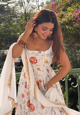 White Embroidered Silk Blend Anarkali Set