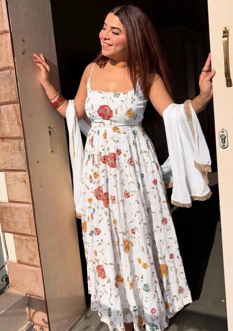 White Embroidered Silk Blend Anarkali Set - Indya