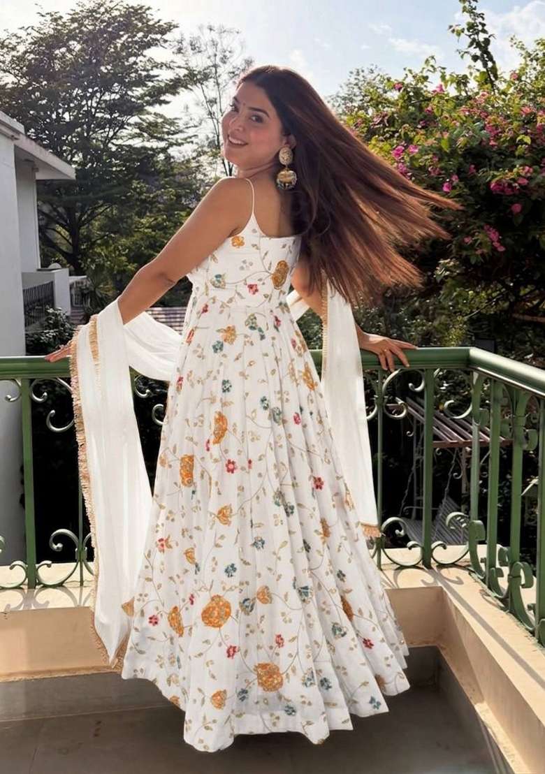White Embroidered Silk Blend Anarkali Set - Indya