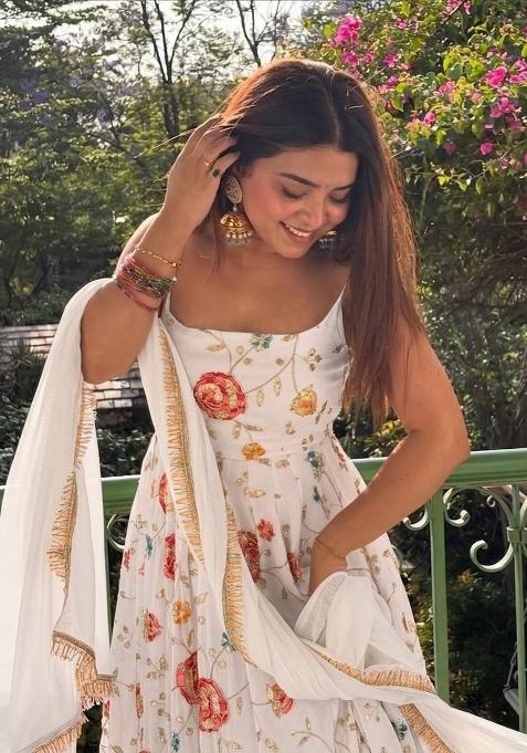White Embroidered Silk Anarkali Set