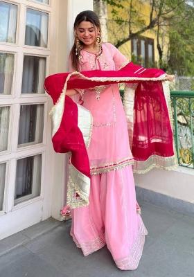 Pink Embroidered Silk Sharara Set