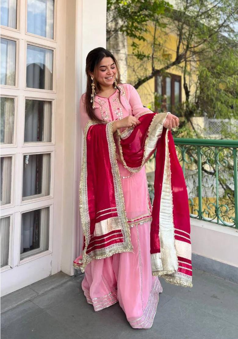 Pink Embroidered Silk Sharara Set - Indya