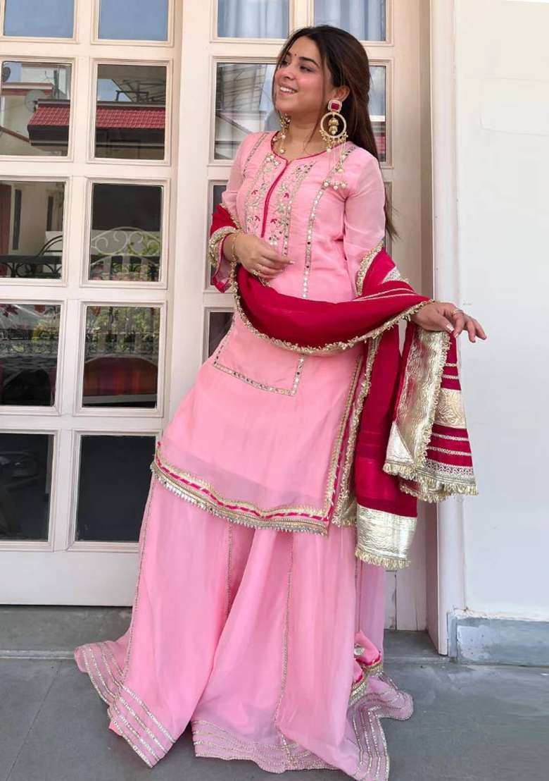 Pink Embroidered Silk Sharara Set - Indya