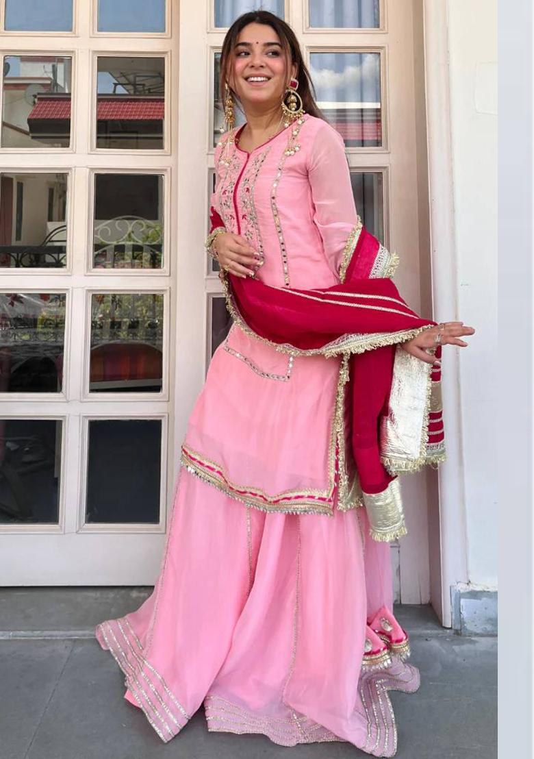 Pink Embroidered Silk Sharara Set - Indya