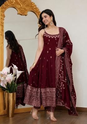 Maroon Embroidered Silk Blend Anarkali Set
