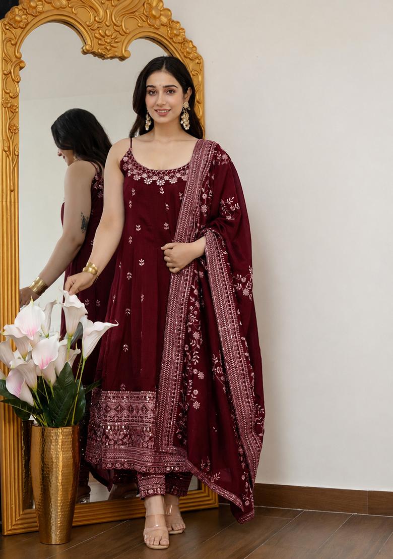 Maroon Embroidered Silk Blend Anarkali Set - Indya