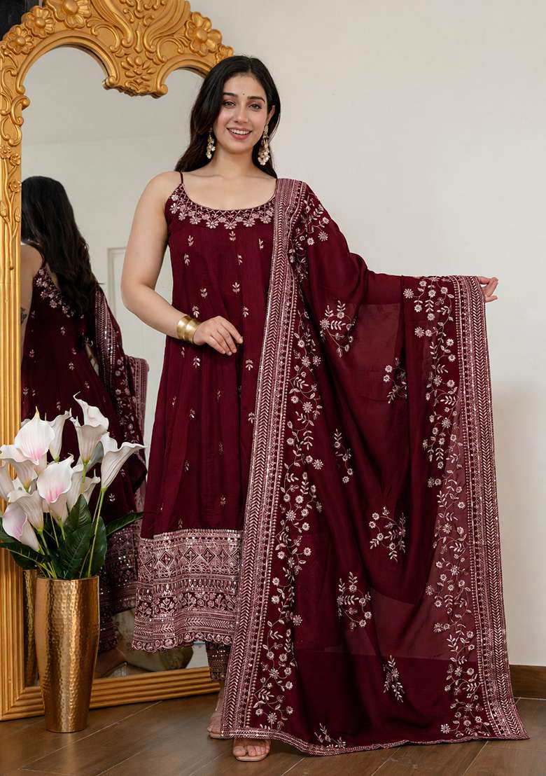 Maroon Embroidered Silk Blend Anarkali Set - Indya