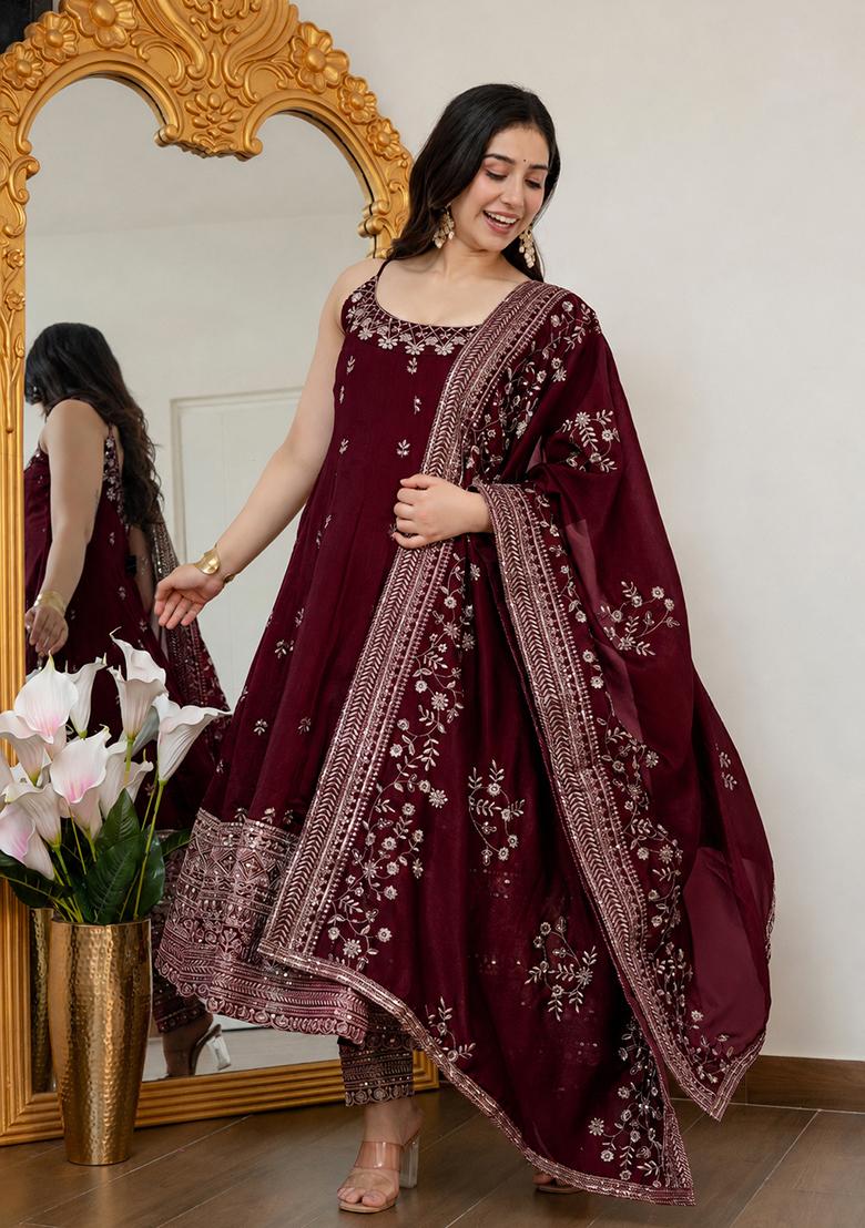 Maroon Embroidered Silk Blend Anarkali Set - Indya