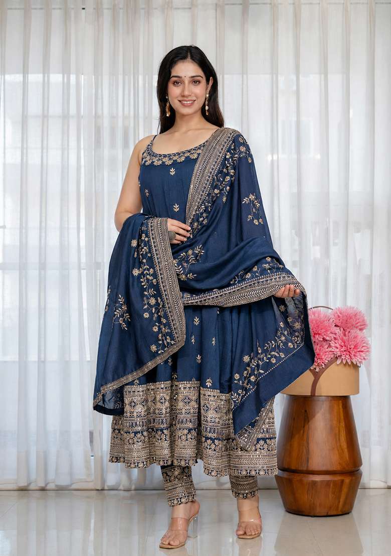 Navy Blue Embroidered Silk Blend Anarkali Set - Indya