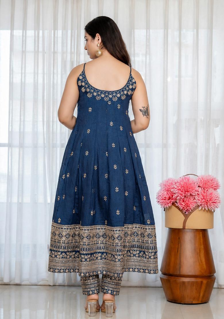 Navy Blue Embroidered Silk Blend Anarkali Set - Indya