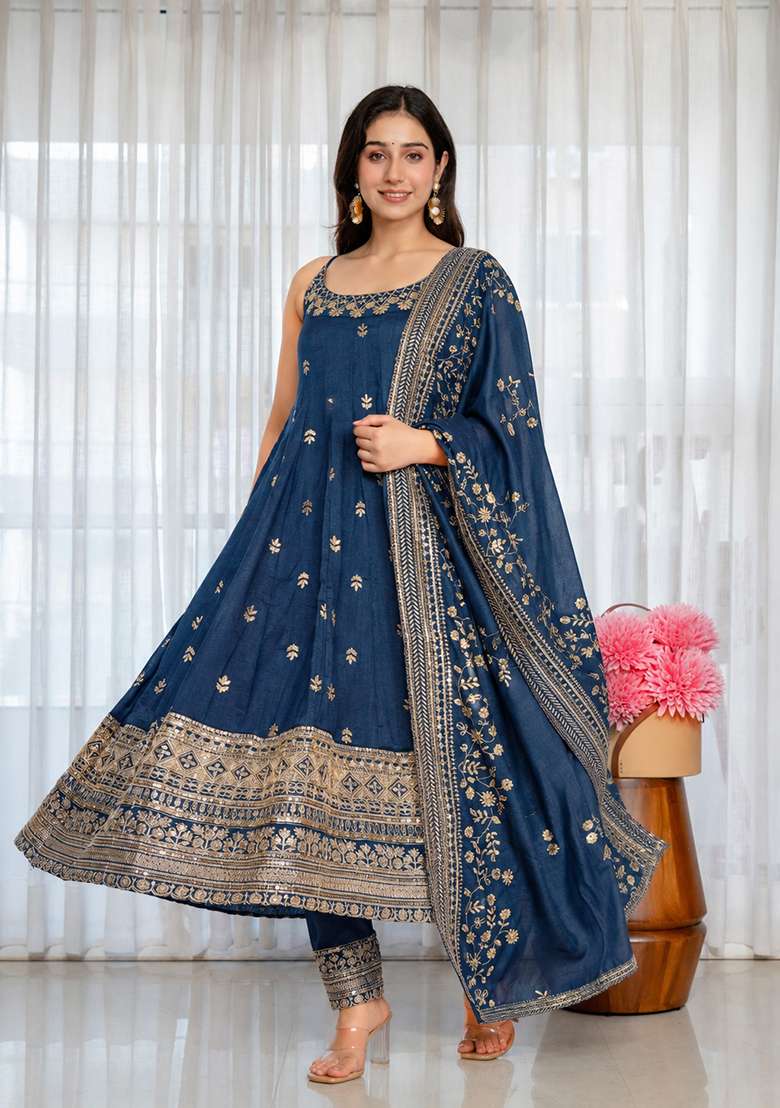 Navy Blue Embroidered Silk Blend Anarkali Set - Indya