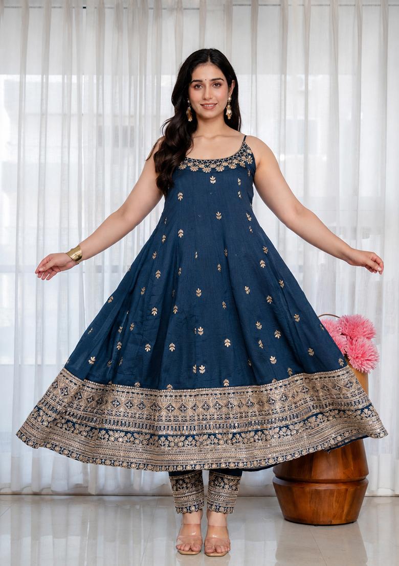 Navy Blue Embroidered Silk Blend Anarkali Set - Indya
