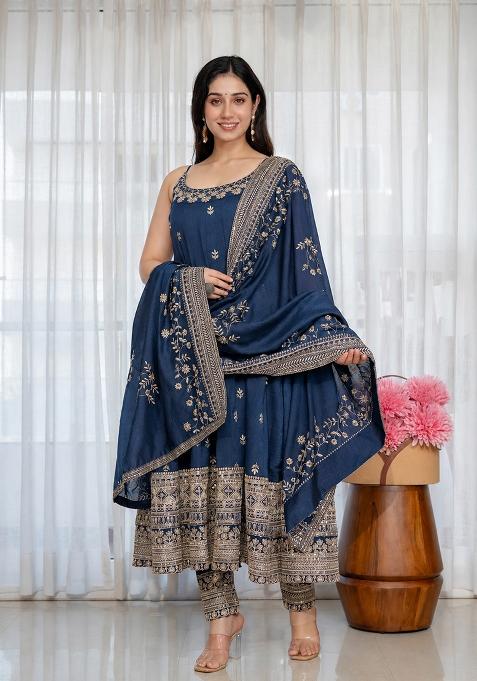Navy Blue Embroidered Silk Anarkali Set