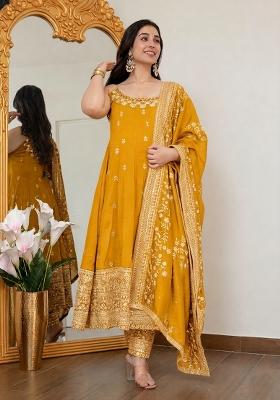 Yellow Embroidered Silk Blend Anarkali Set