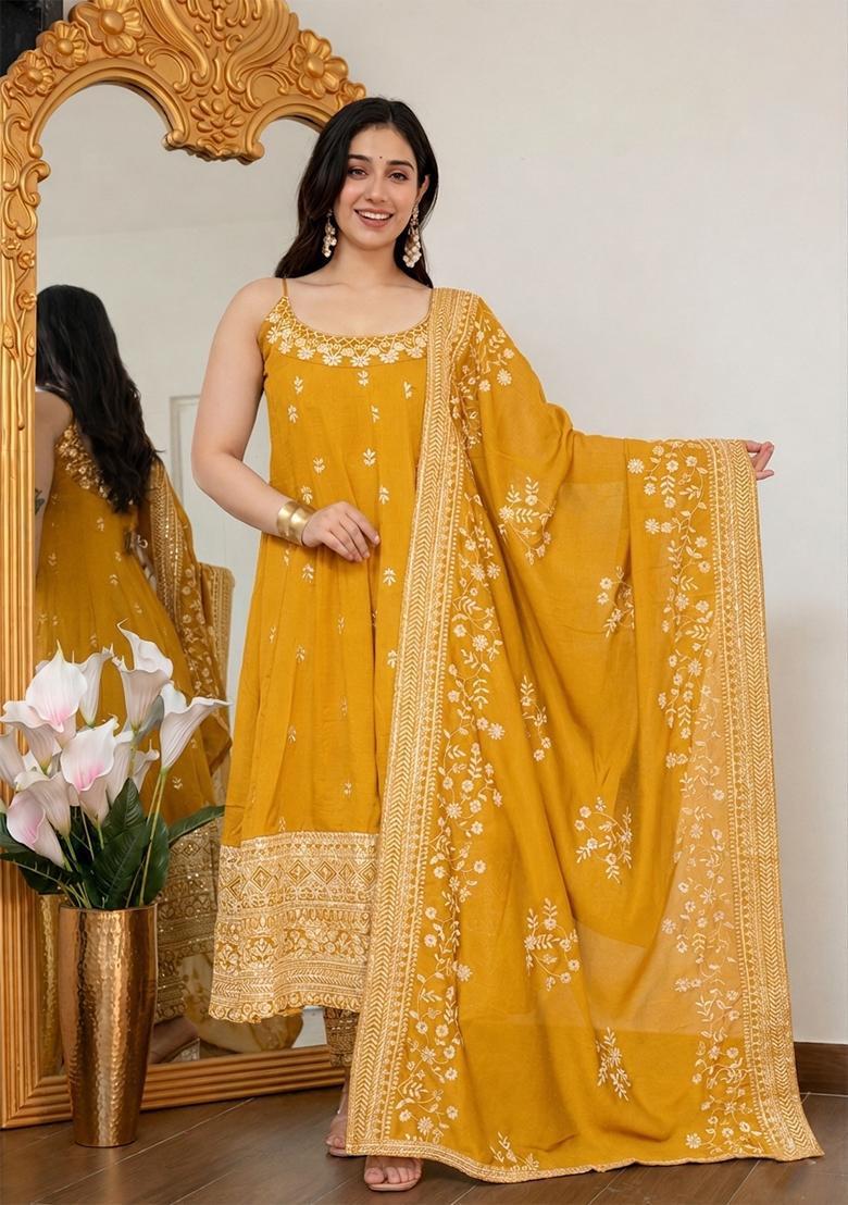 Yellow Embroidered Silk Blend Anarkali Set - Indya