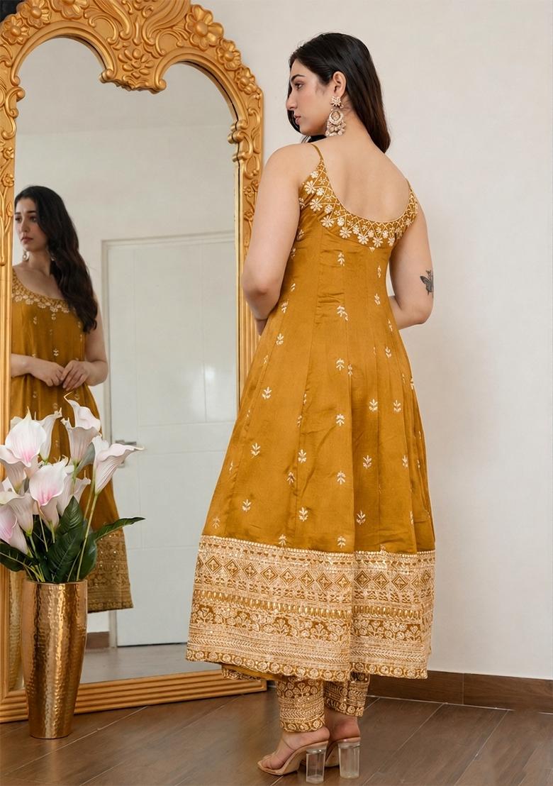 Yellow Embroidered Silk Blend Anarkali Set - Indya